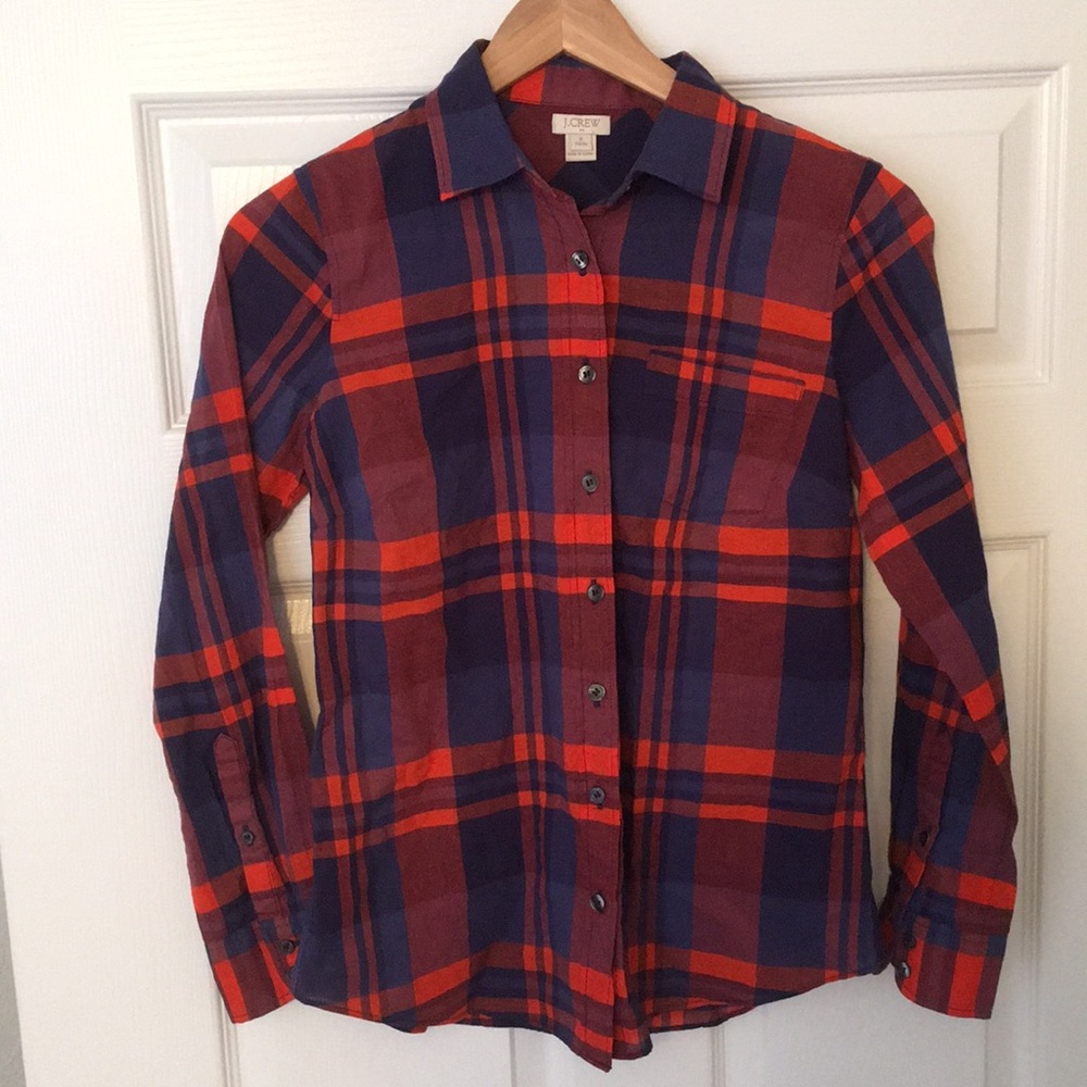 New J Crew blue and orange plaid button down. S.